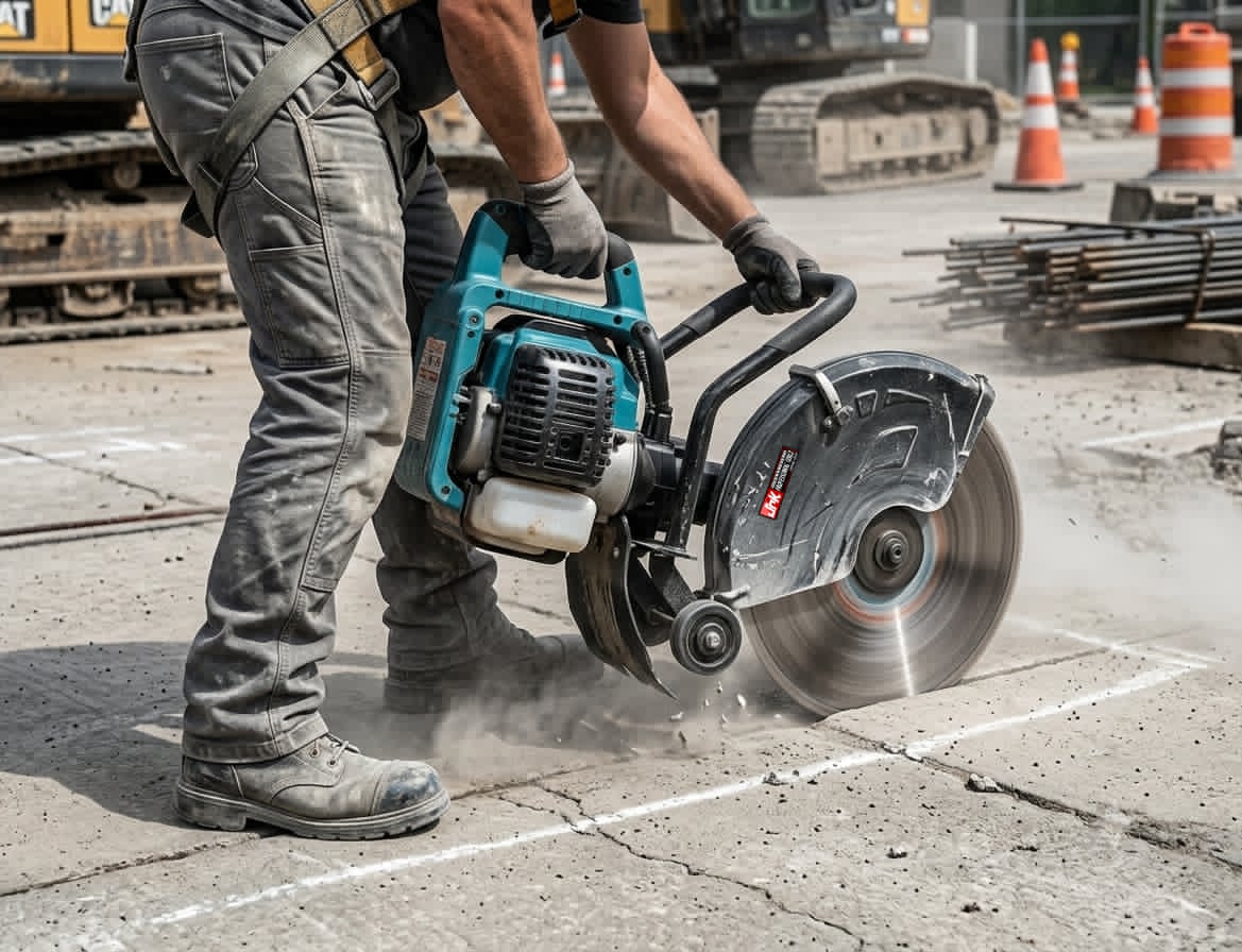 JRK Gasoline Concrete Saw cutting through concrete pavement on a construction site