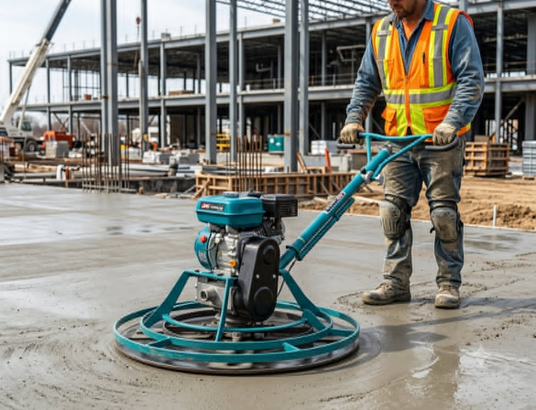 JRK Power Trowel 7.5HP 1000mm finishing a concrete slab on a commercial construction site